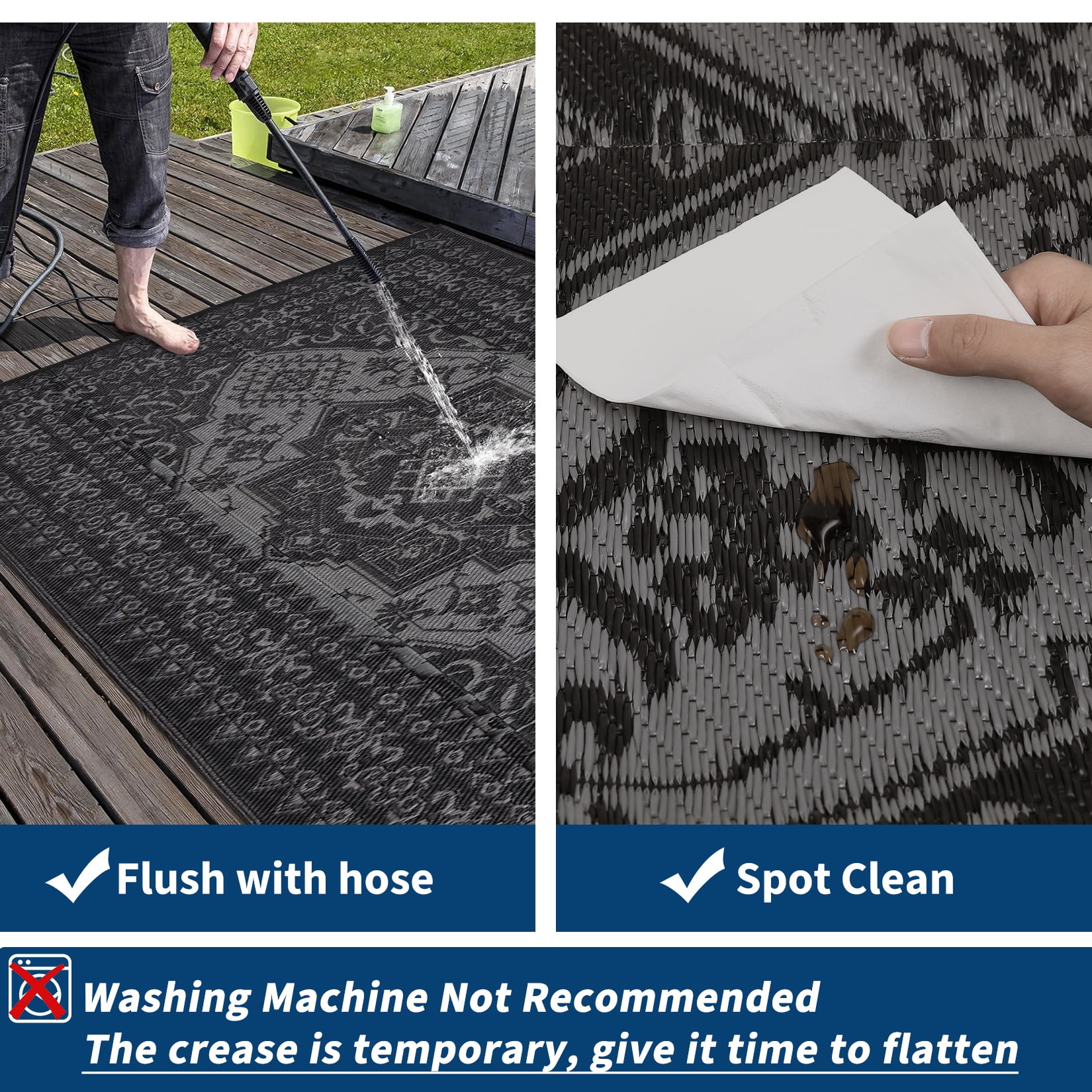 HIWEAVER 9' x 12' Black/Gray Outdoor Rug PP Plastic Straw Woven Waterproof Patio Rug with Border Portable Outside Carpet for Balcony Deck Picnic Garden Decor