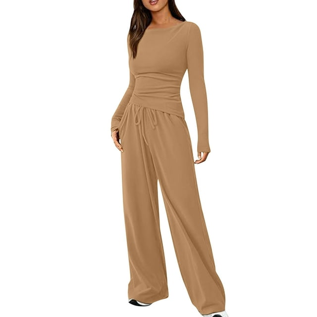 Timegard Ensembles pour Femmes pour Sortir 2 Pcs Automne Décontracté Ajusté Manches Longues Hauts Pantalons à Jambes Larges Ensembles de Couleur Unie