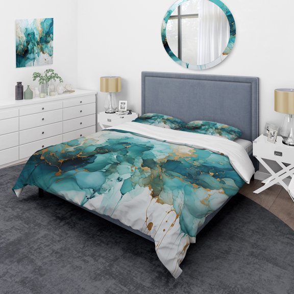 Designart "Teal Gold Fractal Mystic Mirage III" Modern Bedding Covert Set - Fractals Teal Abstract Bed Set With 2 Shams