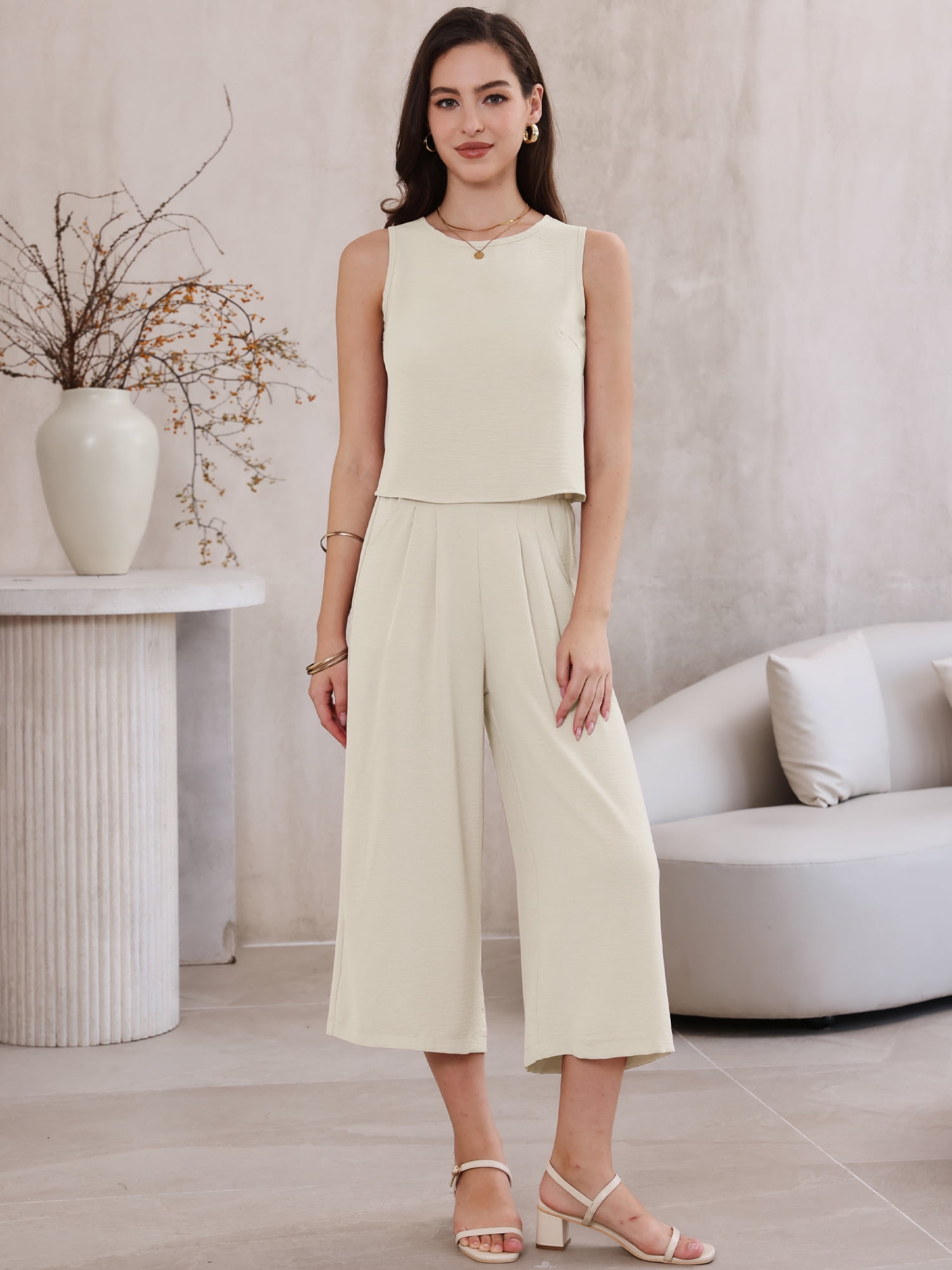 DARING DIVA Women's Suits 2 Piece Outfits Sleeveless Crop Top Wide Leg Pants S Khaki