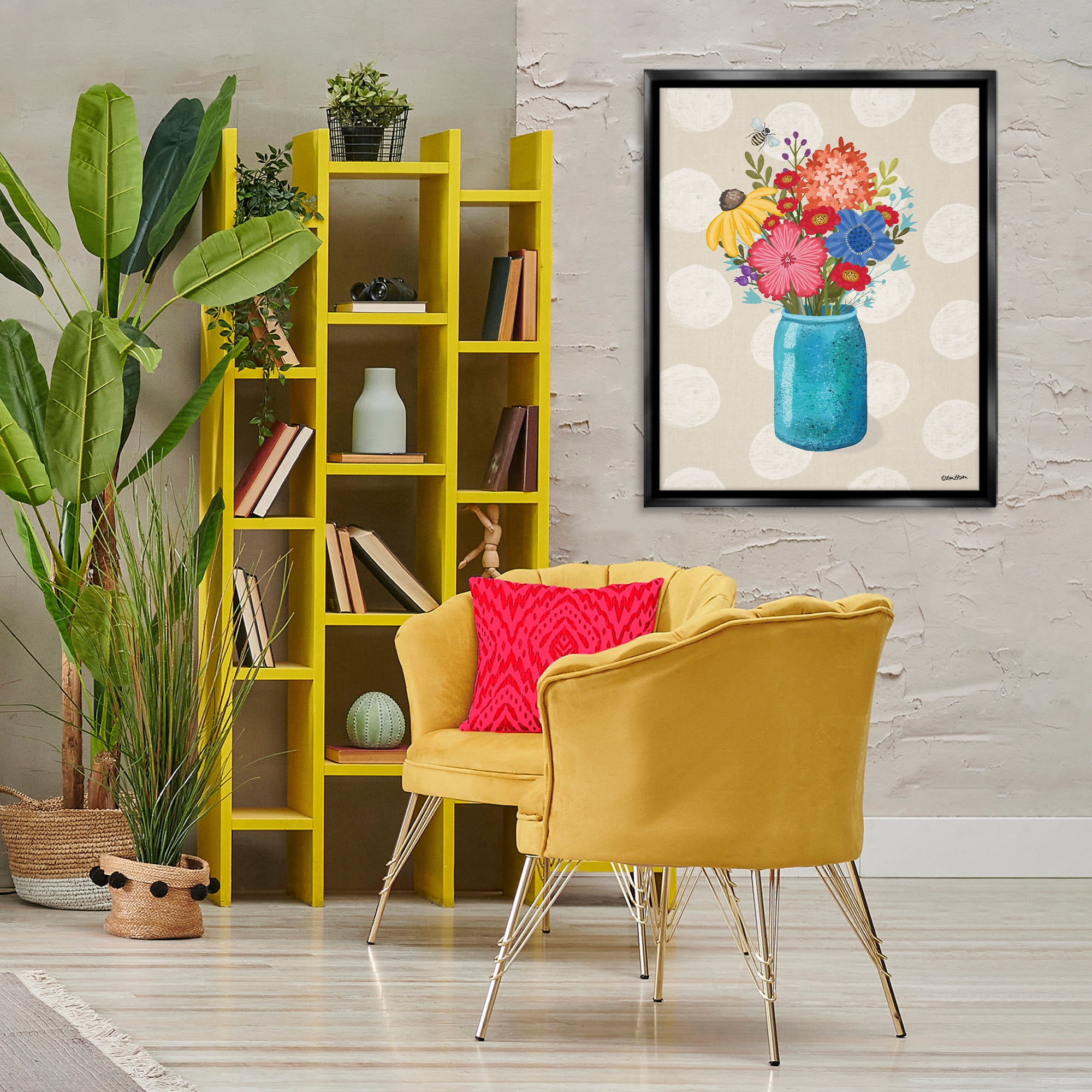 Stupell Industries Polka Dot Flower Vase Plants & Flowers Painting Black Floater Framed Canvas Art Print Wall Art, 25 x 31