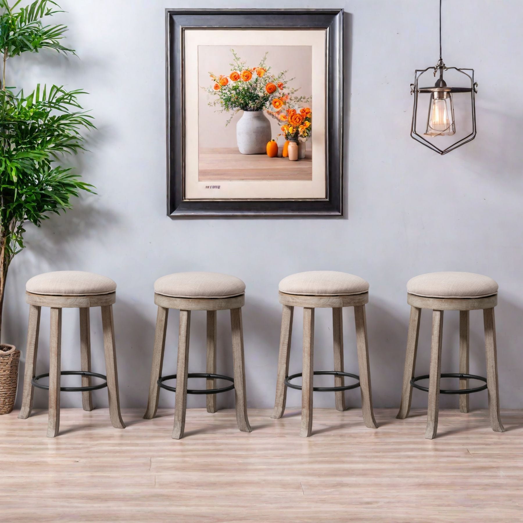 Dayalane Farmhouse 360° Swivel Bar Stools Set of 4, 25.6" Counter Height Round Linen Barstools with Wood Legs and Footrest, Backless Kitchen Island Chairs for Dining Room, Pub, Coffee Bar,Beige