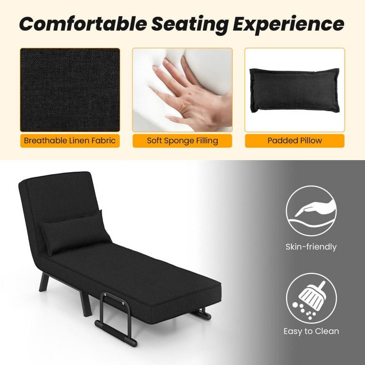 Folding Chair Bed, Folding 6 Position Convertible Sleeper Bed Armchair Lounge Couch with Pillow, Cozy Futon Chair for Small Spaces, Office, Black