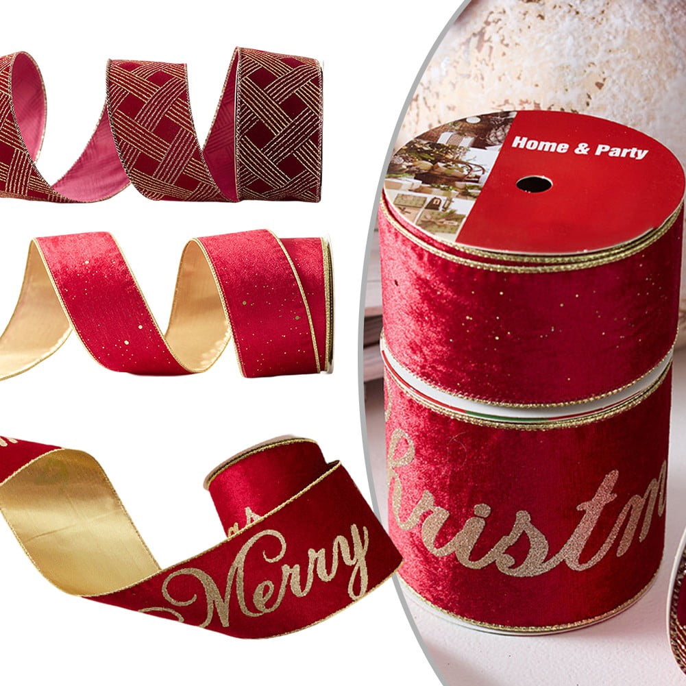 Home Decor 10Yards Merry Christmas Red Flannel Gold Stamped Bow Ribbon 9.1M Ribbon A