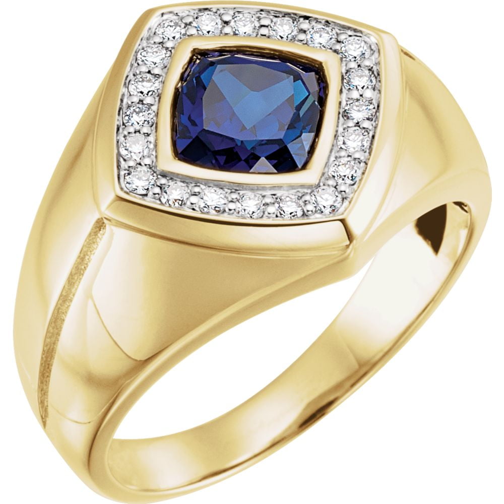 14k Yellow Gold Created Blue Sapphire & Diamond Men Gents Gemstone Ring