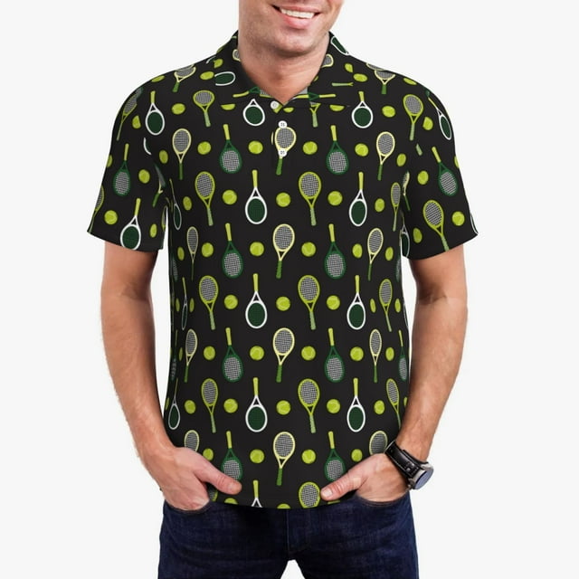 Xecao Tennis Rackets Pattern Men’s Polo Shirt with Buttoned Collar Soft Breathable Casual Polo Shirt for Work, Leisure, and Outdoor Activities-Small