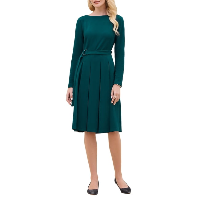 Vestido plisado de mujer Inspire Chic, corte A, con cinturón, casual de negocios, de manga larga, talla XL, azul verde