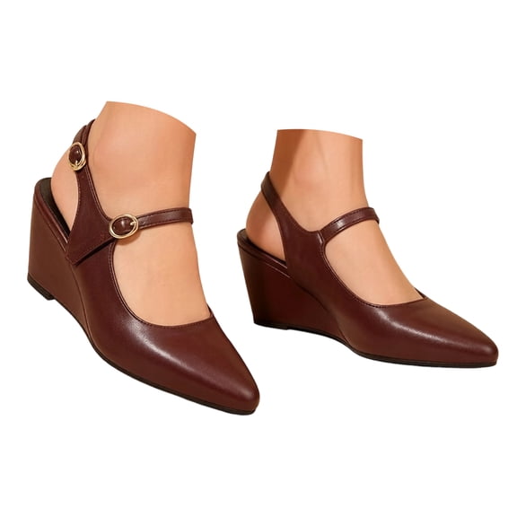 Wedge Heels for Women Comfortable Leather Ankle Strap Slip on Lightweight Square Closed Toe Business Casual Work Dress Shoes Brown Size 8