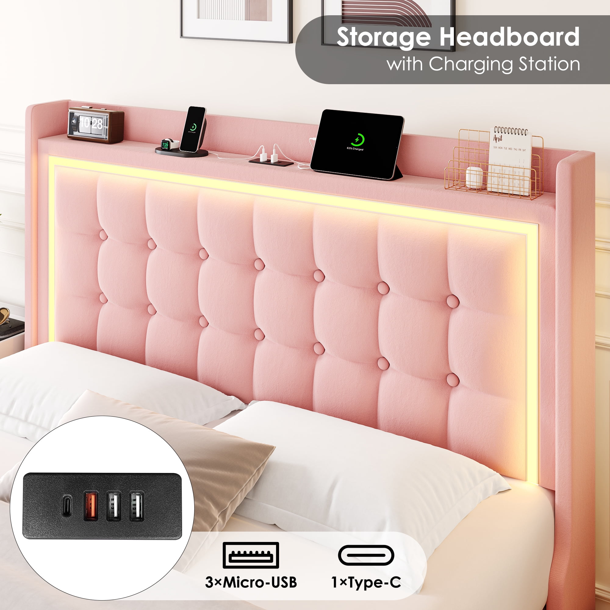 Homfa Full Size Floating Bed with RGB LED Lights Charging Station, Velvet Upholstered Platform Bed with Storage Headboard, Pink