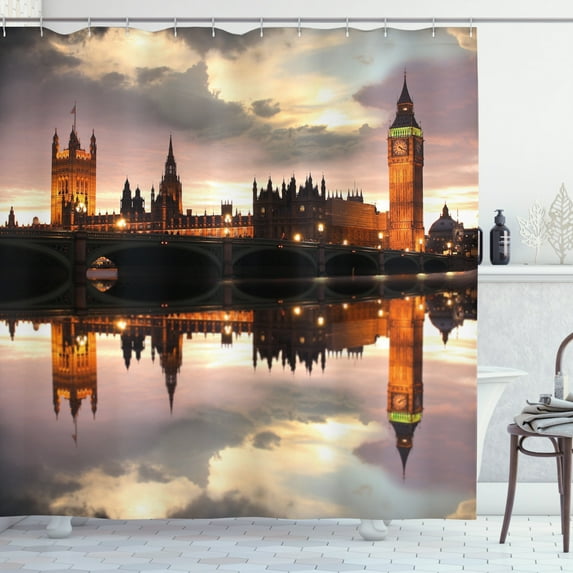 Ambesonne Urban Shower Curtain, Surreal Evening Big Ben, 69"Wx70"L, Cinnamon Grey