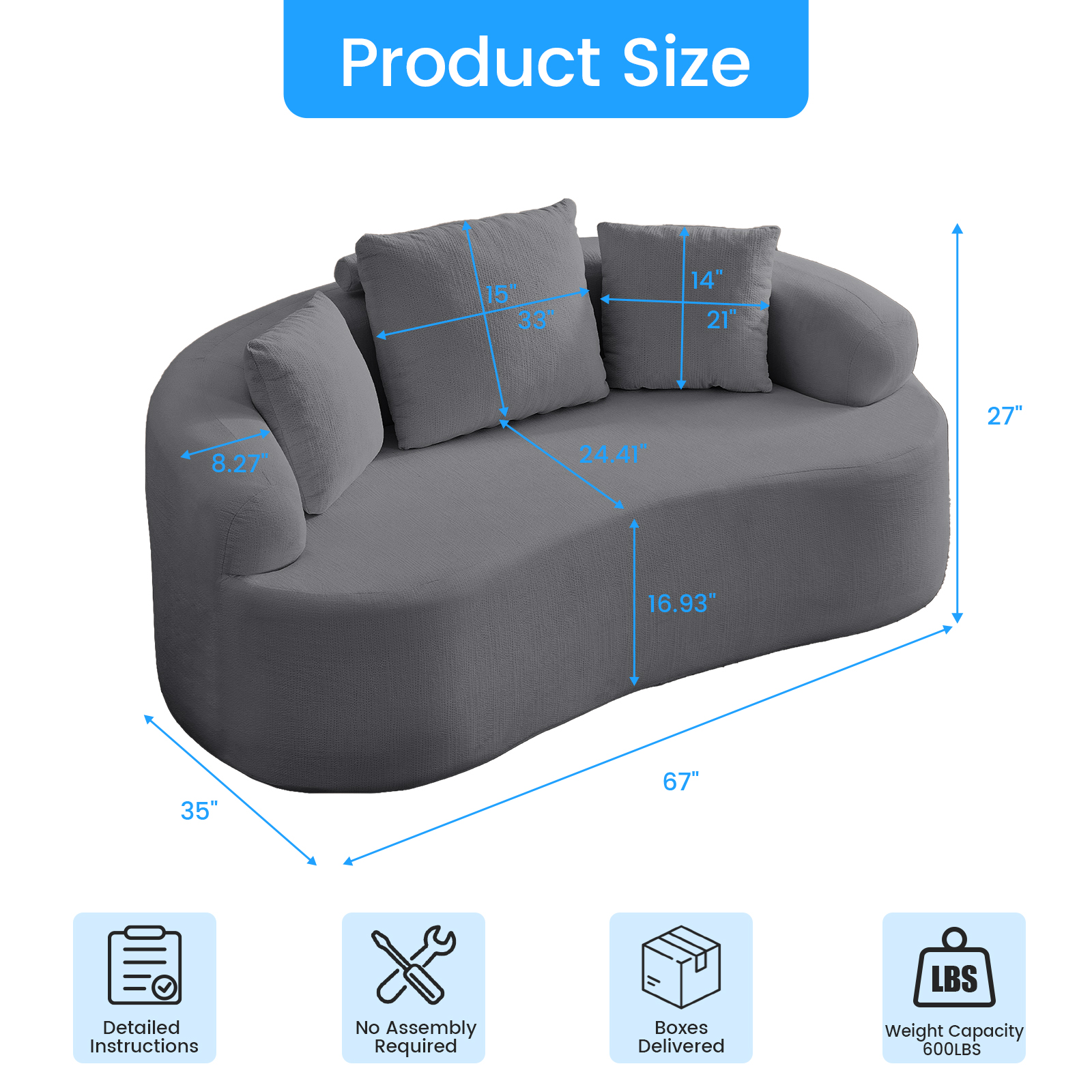 ZAFLY 67” Cloud Comfy Sofa, Deep Seat Loveseat for Living Room, Chenille 2 Seater Cloud Couch, No Assembly Required - Dark Gray