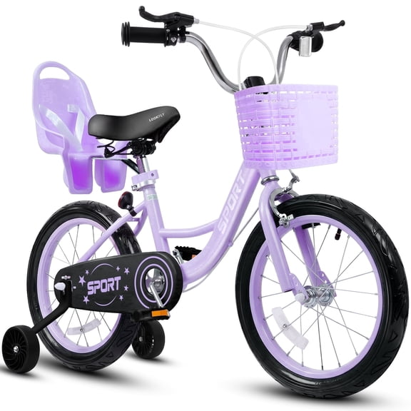 Enjoyrun 16" Kids Bike,Girls Bike with Training Wheels,Basket and Doll Seat,Bicycle for Children Ages 5-8,Purple