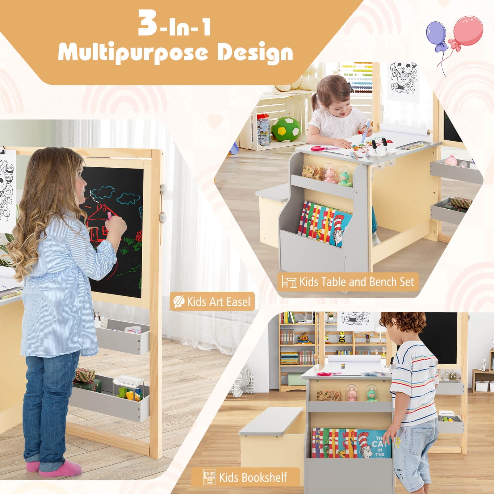 Infans Kids Art Center Wooden Table Bench Set Adjustable Double-Sided Easel Storage