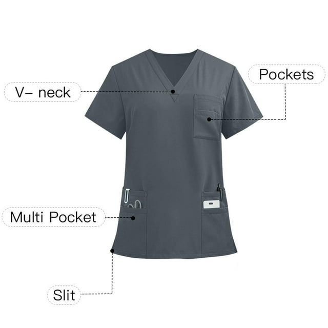 Xfvqtps Scrub Tops for Women V-Neck Short Sleeve Multi-Pocket Solid Color Comfortable Lightweight Nursing Uniforms Nurse Top Working Uniforms Dark Gray