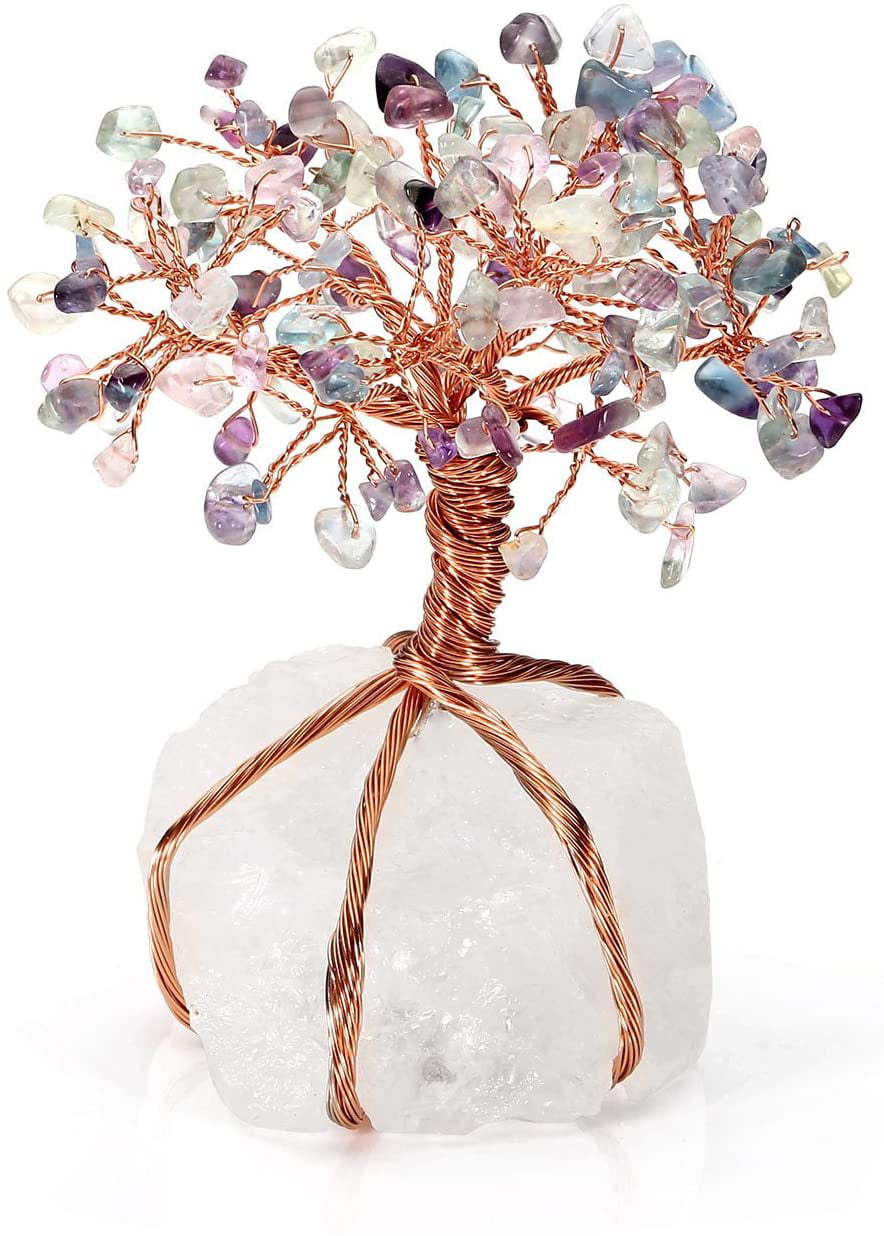 CrystalTears 7 Chakra Healing Crystal Tree Copper Wire Wrapped on Rock Quartz Crystal Cluster Base Money Tree Feng Shui Crystal Figurine for Wealth Good Luck Reiki Healing Home Decor 5.5-6.3