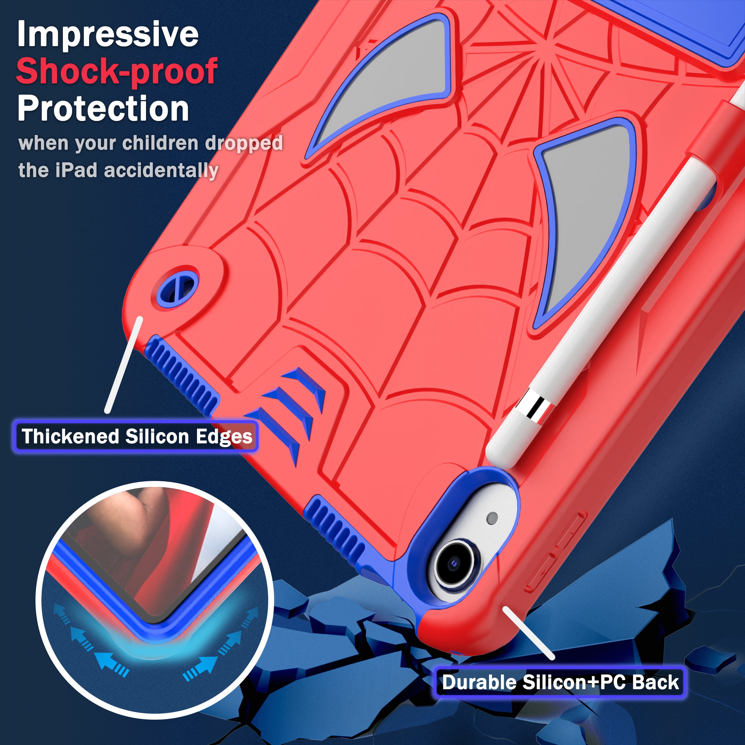 Rugged Shockproof Protective Case for Apple iPad A16 11th Gen 11" 2025 & iPad 10th Gen 10.9" - Heavy Duty 3-Layer Armor, Built-in Kickstand, Shoulder Strap, Pencil Holder, Shock Absorption,Red+Blue
