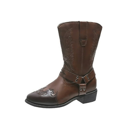

Audeban Womens Retro Embroidered Cowboy Boots Ladies Mid Wide Calf Booties Casual Shoes Size 4-12