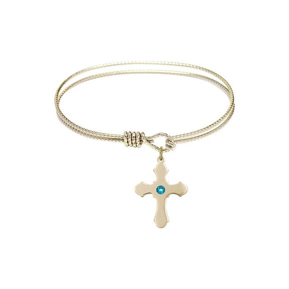 6 1/4 inch Oval Eye Hook Bangle Bracelet w/ Cross medal charm w/ December Blue Swarovski Crystal