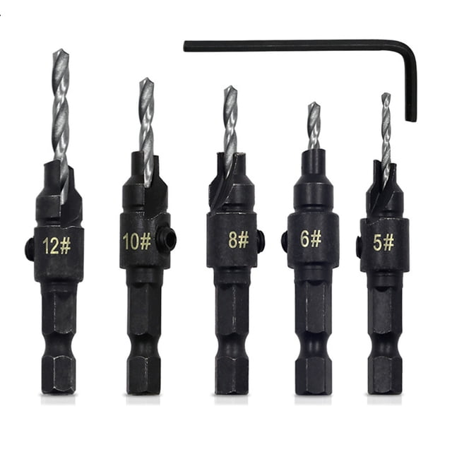 5PCS Countersink Drill Bit Set High Speed Steel with 1 Free Hex Key Wrench for