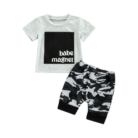 

Sunisery 2Pcs Infant Baby Boys Summer Clothes Set Short Sleeve Letter Print T-shirt + Elastic Waist Camouflage Shorts Gray 12-18 Months