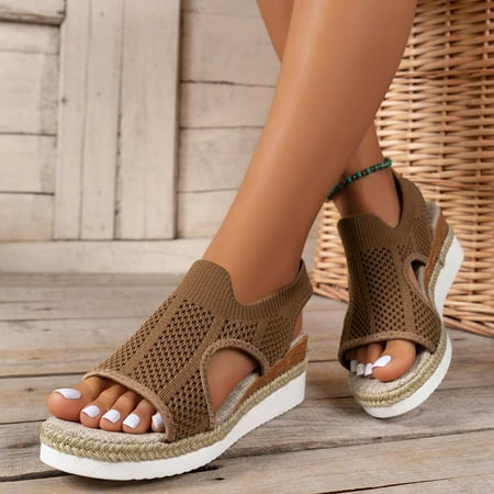 Clearance & Promo Summer Big Size New Flying Woven Fish Mouth Beach Sandals  Mesh Cloth Breathable  Wedge Shoes  Big Size  Comfortable Walking  Outdoor Casual  Lightweight  Easy to Wear|Mesh Khaki