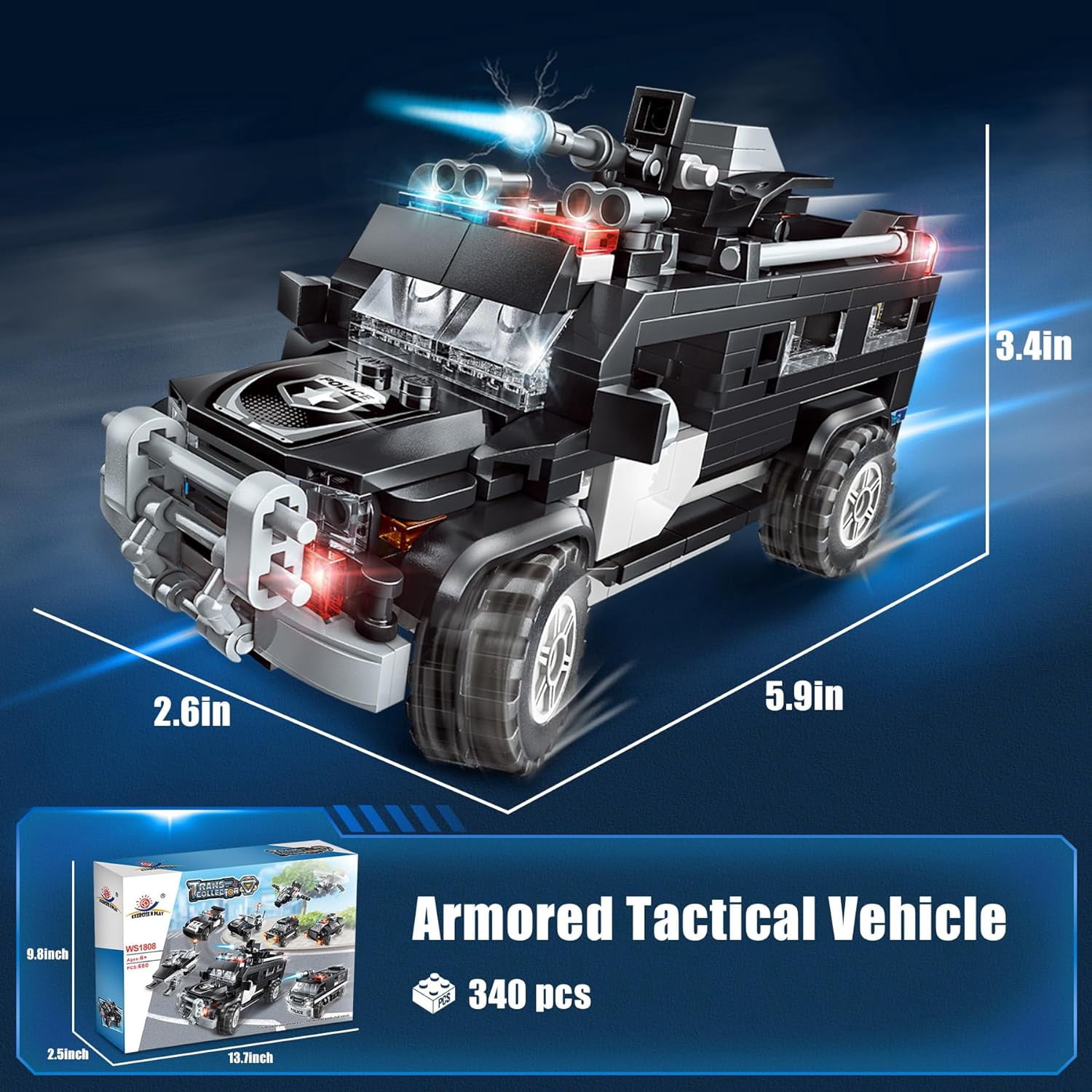 ENP City Police Building Set, 680 Pcs Building Block for Boys Girls, Armored Vehicles with Cop Cars Building Toy, Gift for Kids 6-18, Black