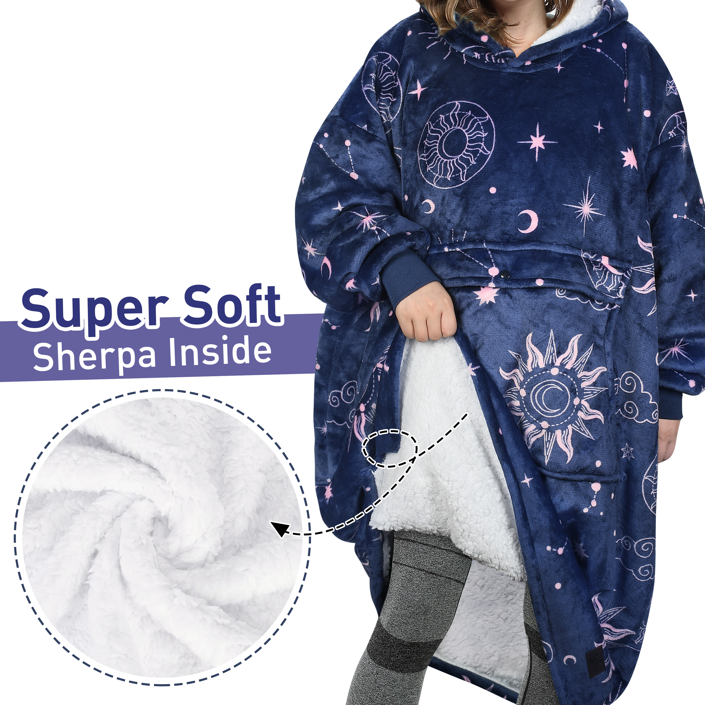 Catalonia Oversized Hoodie Blanket Sweatshirt, Comfortable Sherpa Lounging Pullover for Adults, Gifts for Women, Astrology Navy