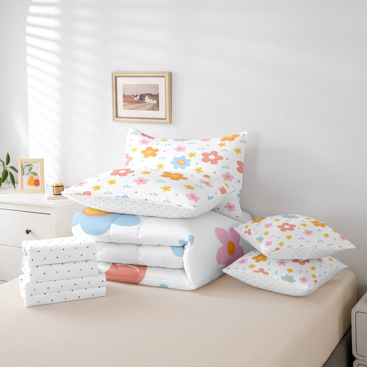 jejeloiu Cute Flower Twin Bedding Sets 7-Piece,Plant Theme Bedding Comforter Set,Orange Blue White Sheet Sets For Girls Kids,Microfiber Room Decoration