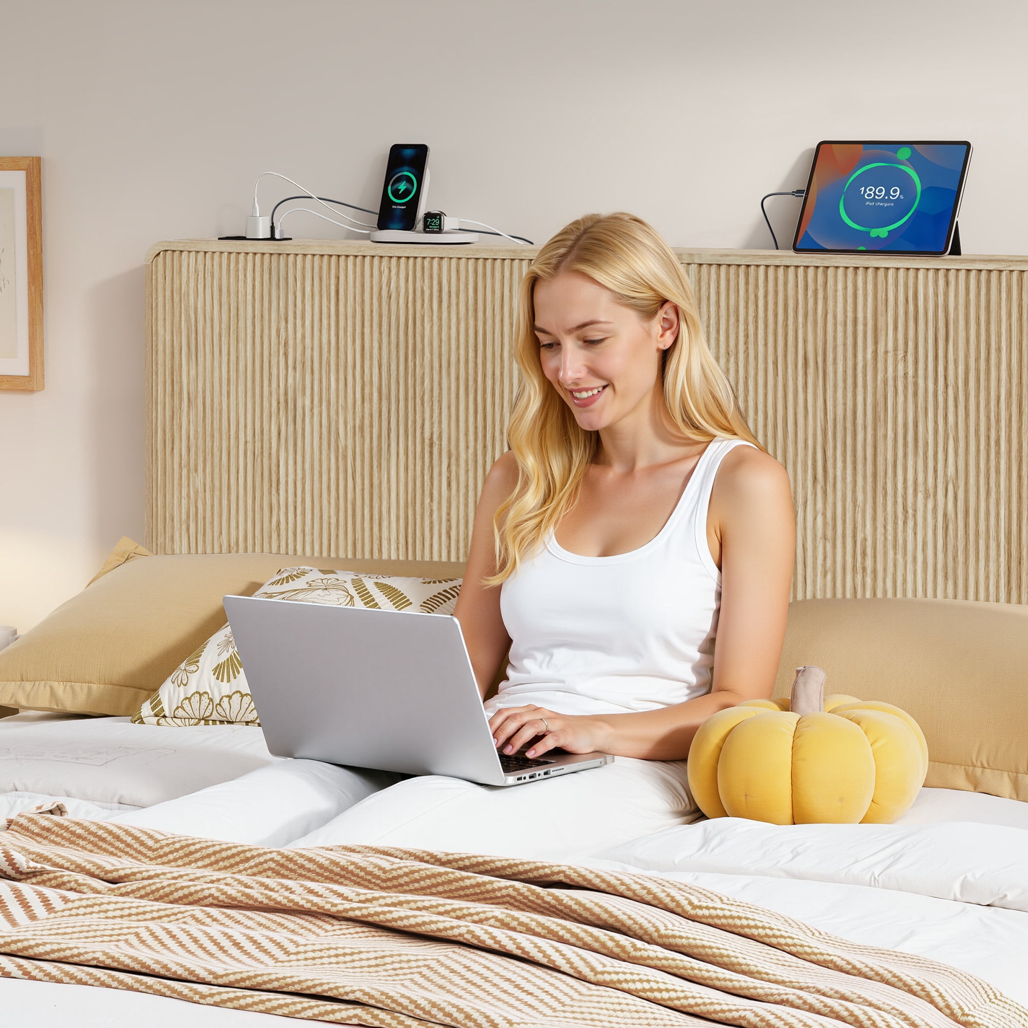 YOCWO Headboard for Queen Size Bed with Charging Station, Fluted Grooved Panel Head Board with Rounded Corners, Oak, Headboard Only(Bed Frame Not Included)
