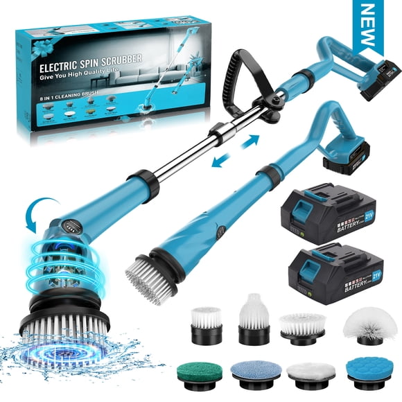 Amiluo Brosse Électrique Rotative, Brosse de Nettoyage de Salle de Bain Sans Fil 1500 Tr/min avec Grande Batterie 4000 mAh, 8 Têtes Remplaçables, Manche d'Extension et Écran, Brosse Puissante pour Douche/plancher/baignoire, A4-Blue