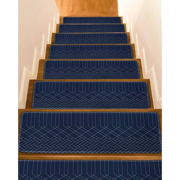 Navy Blue, Stair Treads for Wooden Steps Indoor Runner Rug Carpet, Abstract Minimalistic Geometric Stripes 4 Pieces Peel and Stick Staircase Step Treads Covers Washable Throw Door Mats, 30"x8"