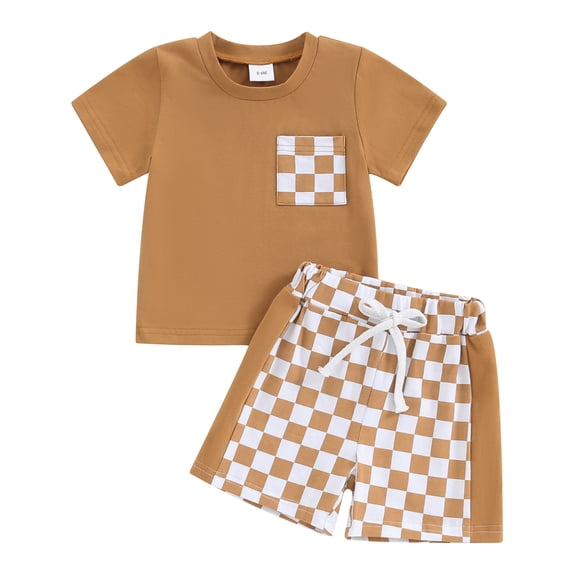 Bagilaanoe 2pcs Toddler Baby Boy Shorts Set Short Sleeve T Shirt Tops Checkerboard Shorts 6M 12M 18M 24M 3T Kids Casual Summer Clothes