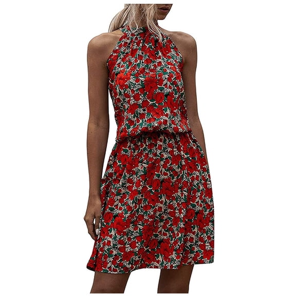 IROINNID Women's Sleeveless Prints A-Line Dress Fashion Floral Halter Strapless Ruffle Bandage Casual Dress Off-The-Shoulder Short Dress