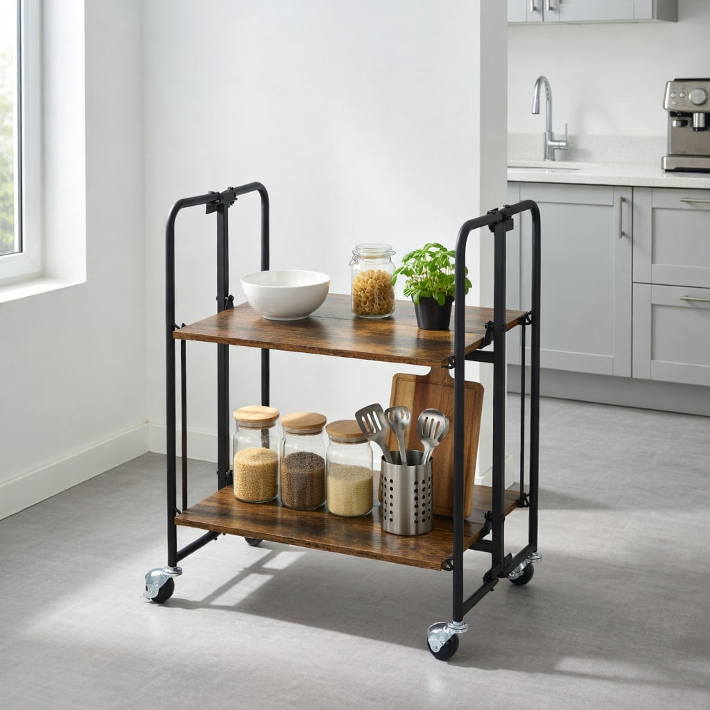 Demi Bonn Rolling Cart, Kitchen Island Cart, Folding Rolling Cart with Metal Frame-2-Tier, for Kitchen, Dining Room, Rustic brown