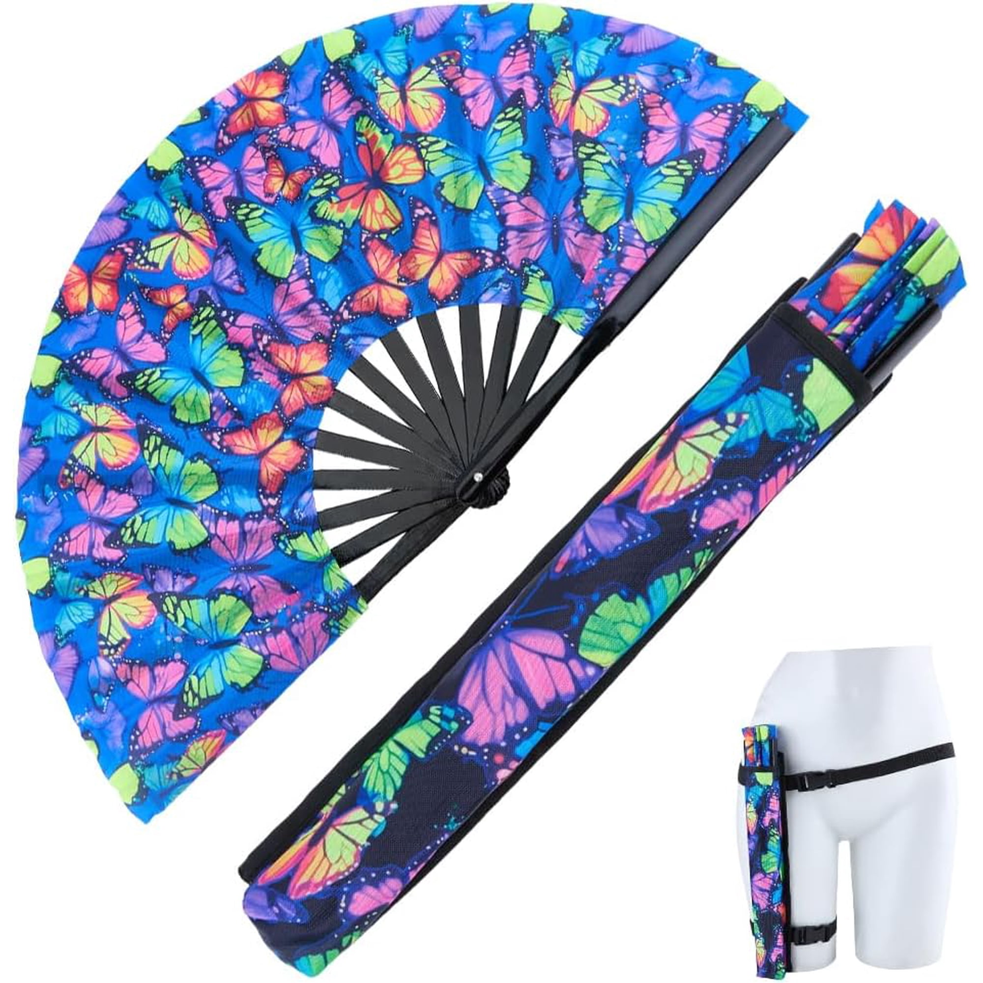 1Set Bamboo & Oxford Fabric Folding Fan with Bag and Belt for Party Wedding Dancing Decoration Butterfly 330mm