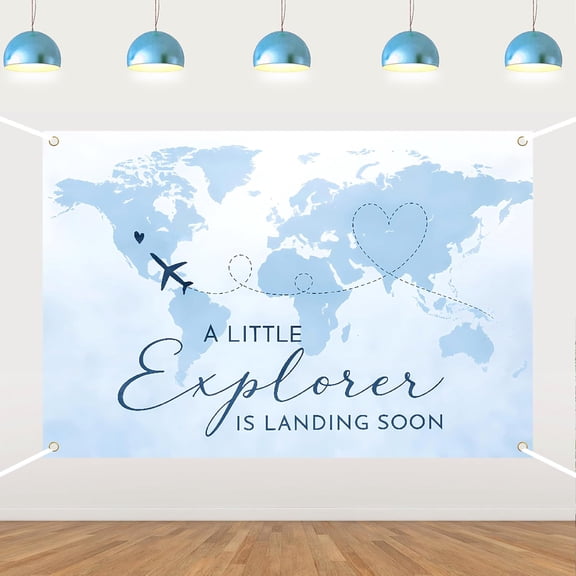 7x5FT Airplane Theme Baby Shower Backdrop A Little Explorer is Landing Soon Photography Background Airplane Travel Around The World Baby Shower Party Decorations Banner Supplies Photo Booth Props