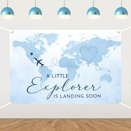 7x5FT Airplane Theme Baby Shower Backdrop A Little Explorer is Landing Soon Photography Background Airplane Travel Around The World Baby Shower Party Decorations Banner Supplies Photo Booth Props
