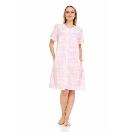 

Dream8teen Women s Snaps Front Closure House Dress Short Sleeve Woven Housecoat Duster Lounger Robe 2018 Pink Plaid 5X-large