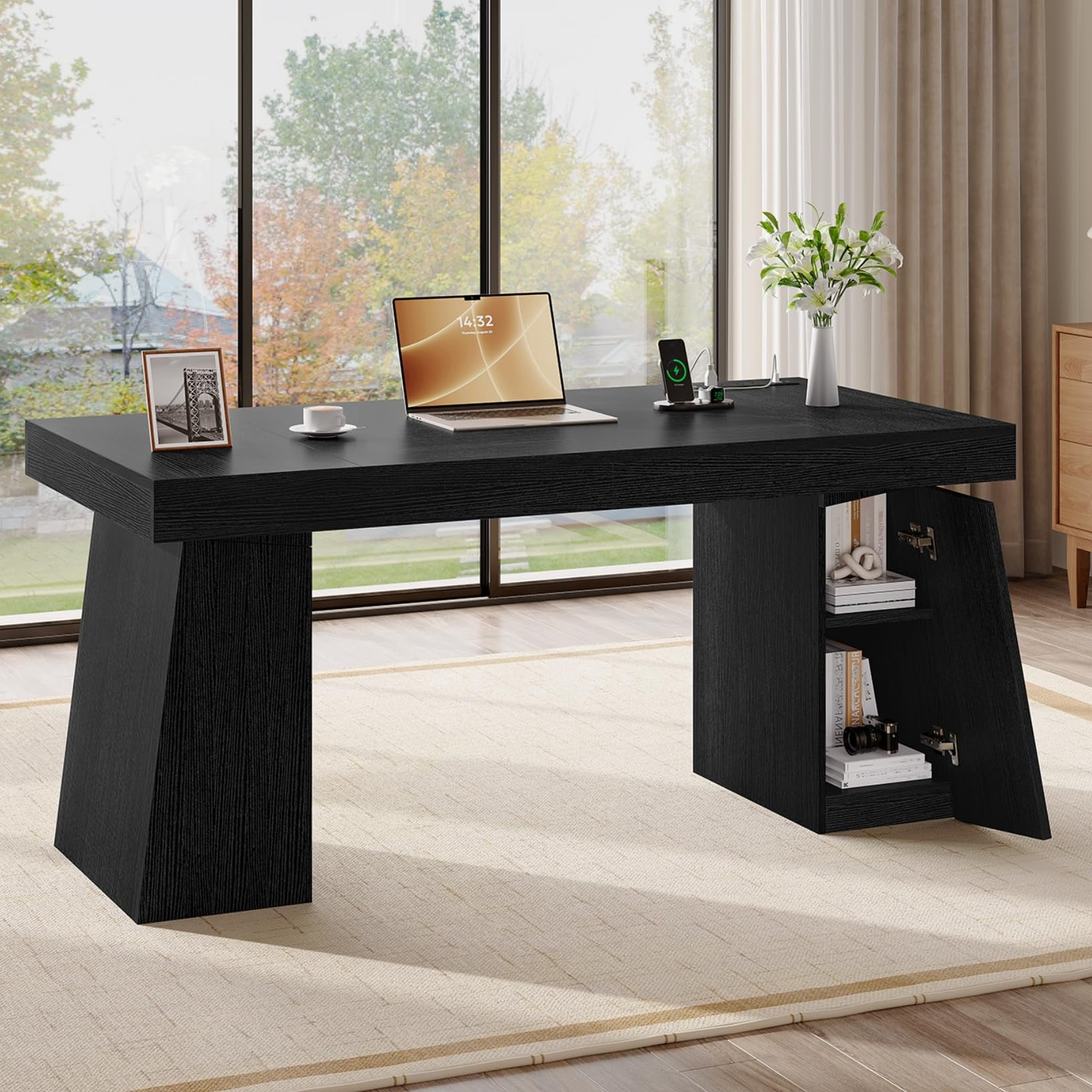 55.9" Executive Desk with Power Outlets, Home Office Desk with Double Pedestal & 2 Storage Cabinet, Wood Computer Desk, Modern Business Workstation (Black)