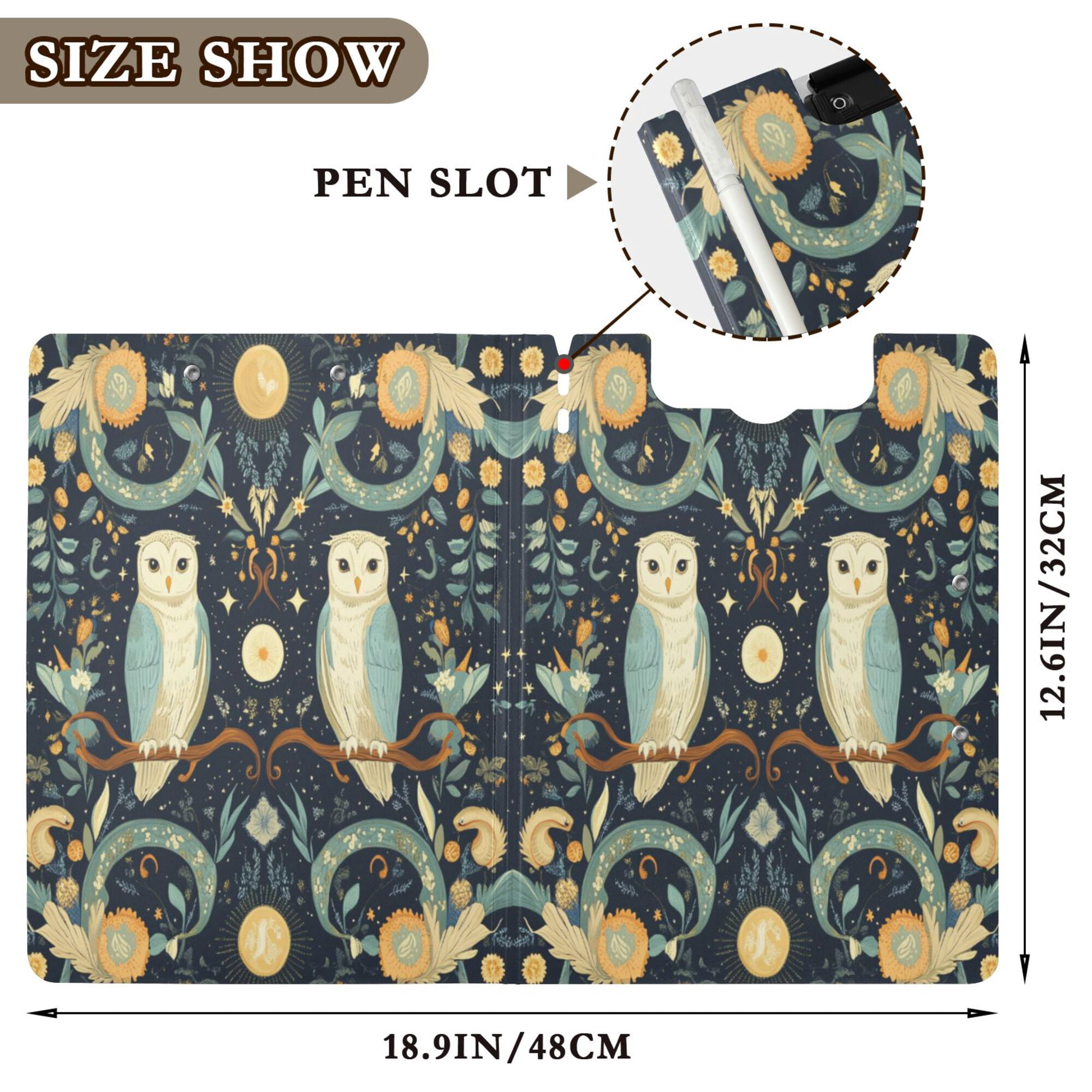 FORMRS A4 Clipboard Folder with Pen Holder Horizontal Foldable School Office Binder, Mystical Owls Pattern