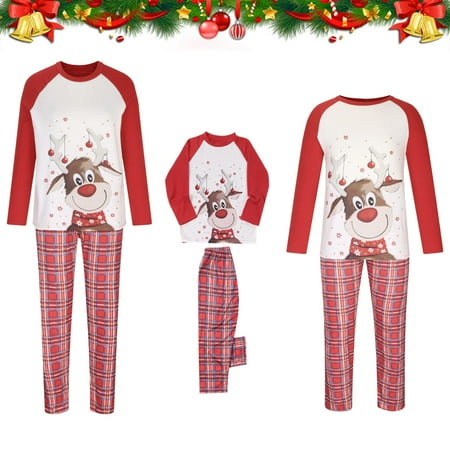 

Christmas Pajamas for Family Funny Elk Deer Graphic Matching Pjs Sets Soft Red and Black Plaid Long Sleeve Sleepwear