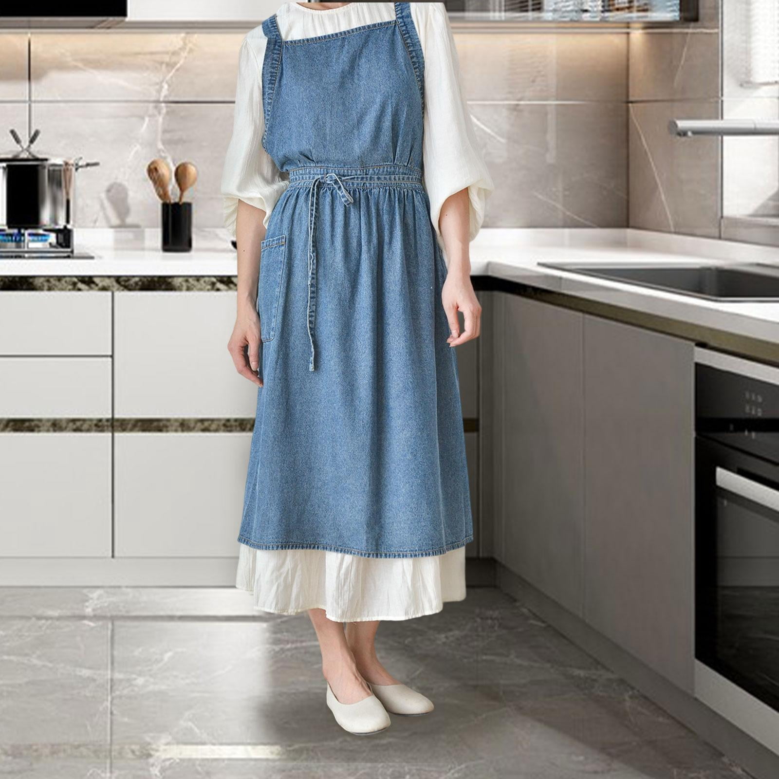 FVDPWYE Denim Apron with Pockets Comfortable Cross Back for Grilling Hairstylist Cooking