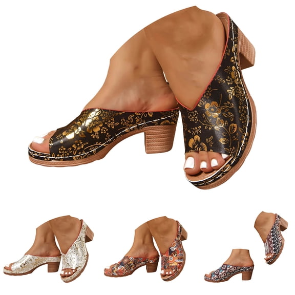 Pandaie Heeled Sandals for Women 2026 Fashion Open Toe Low Block Heels Mules Leather Slip on Dress Casual Pumps Summer Backless Clogs Black Size 6