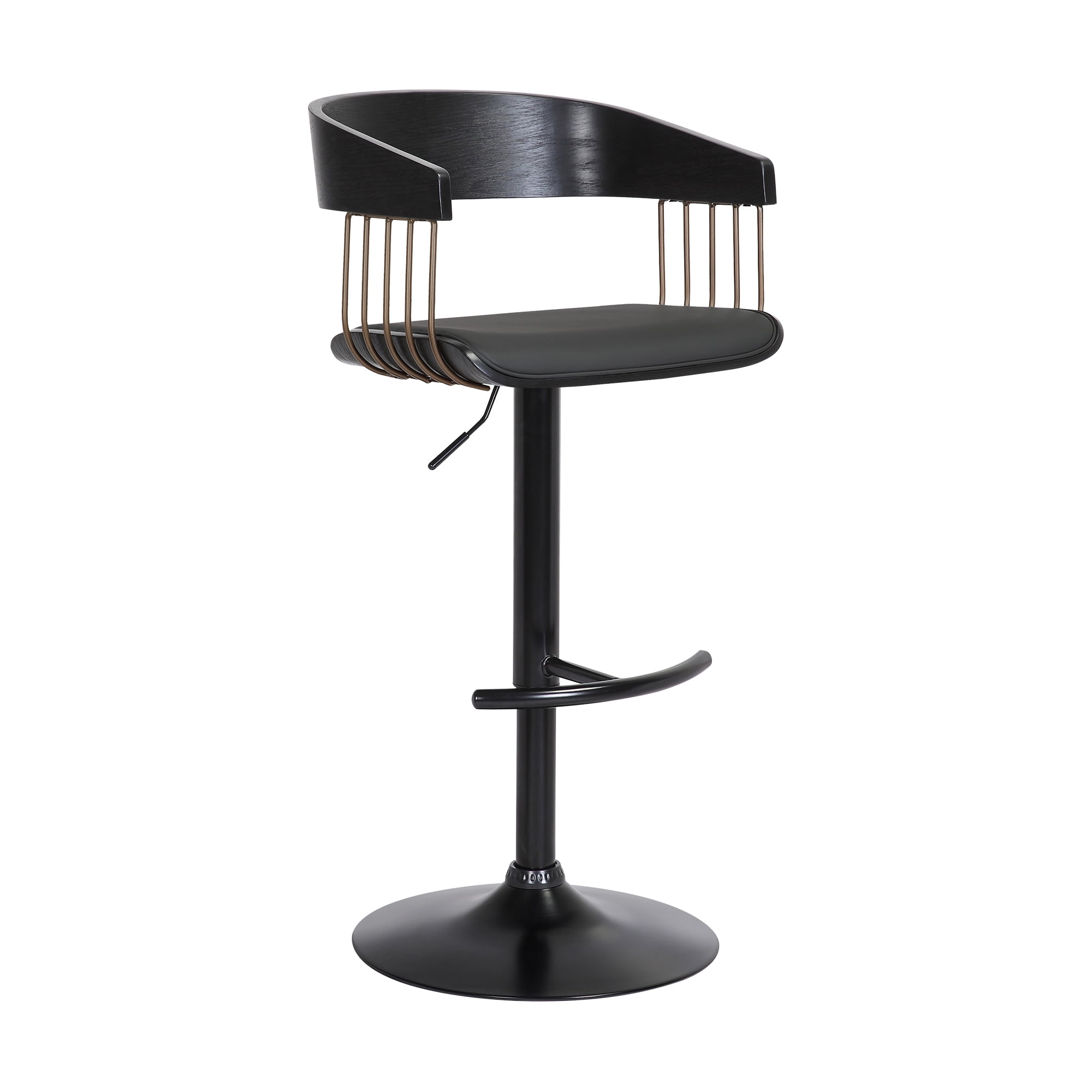 Larisa Adjustable Black Wood Bar Stool in Black Faux Leather with