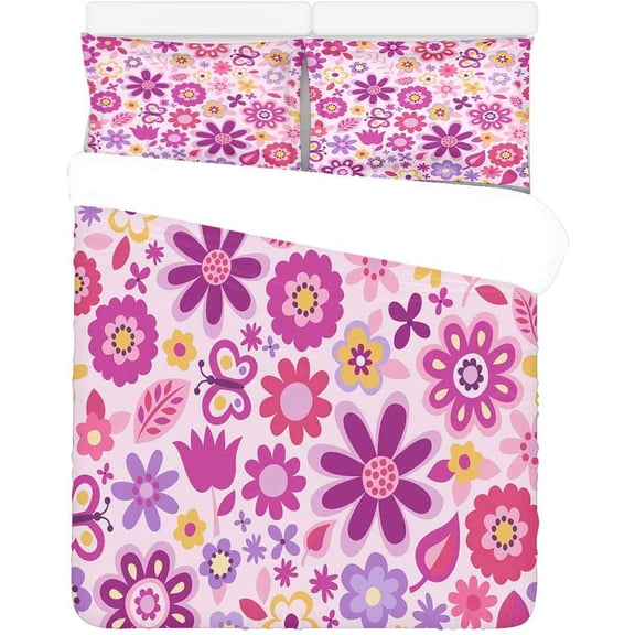 FMSHPON 3 Piece Bedding Set Pink Purple Flower Butterfly Pattern Twin Size Duvet Cover with 2 Pillowcase for Home Bedding Room Decoration