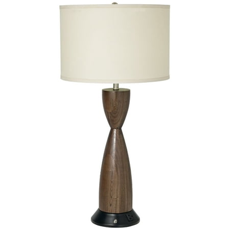 360 Lighting Modern Table Lamp with 3 Prong Outlet 30.5 Tall Kona Chocolate Brown Faux Wood Hourglass White Linen Drum Shade for Living Room