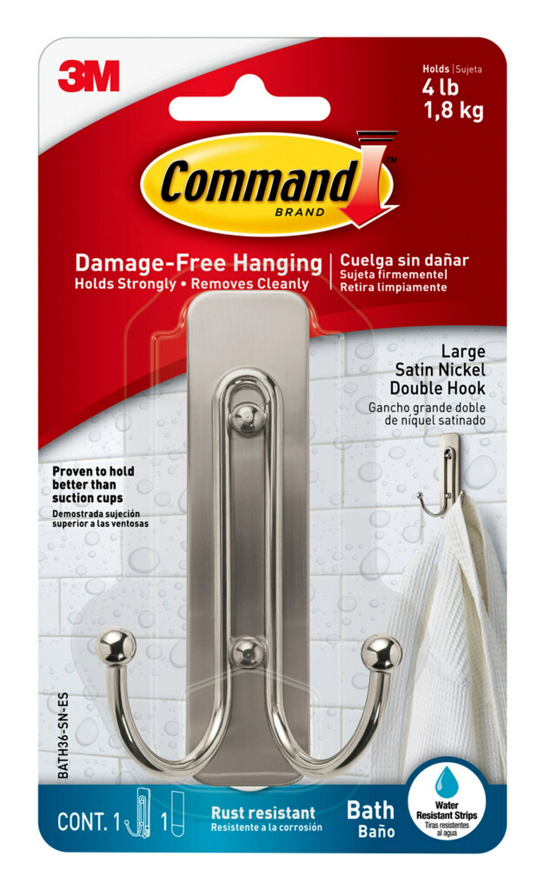 Command Double Bath Hook, Satin Nickel, Large, 1 Hook, 1 Strip 