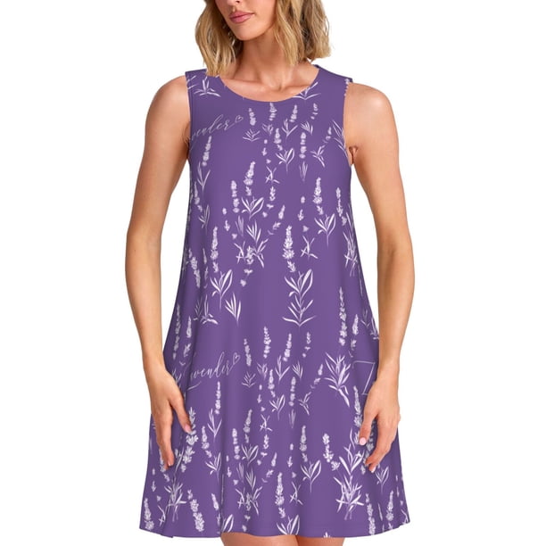 Fotbe Lavender Flowers Vestido de Verano sin Mangas para Mujer – Vestido Midi Línea A, Estilo Camiseta Floral, Vestido Playero Casual y Fluido