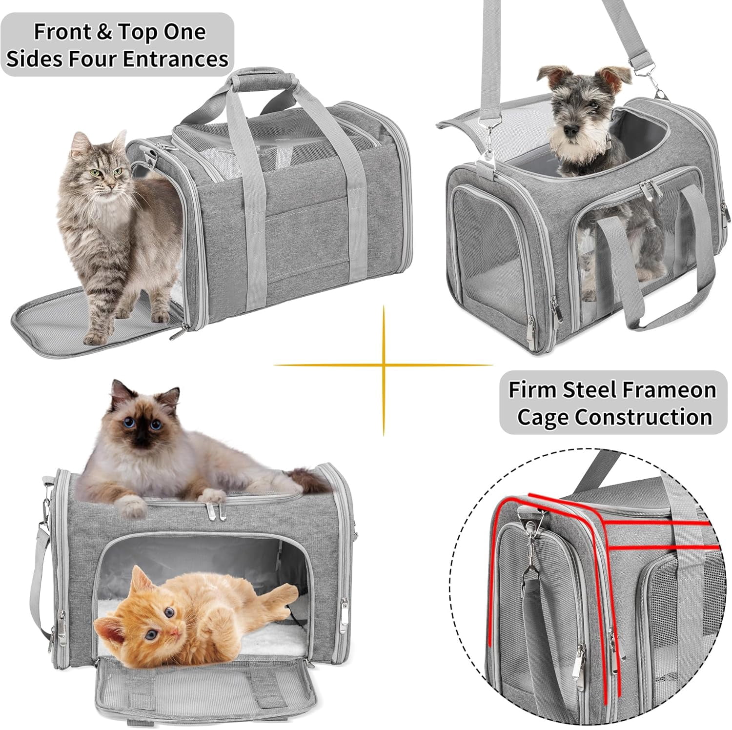 DENZUS Soft-Sided Cat/Dog/Pet Carrier, Collapsible Pets Travel Carriers for Big Cats/Small Dogs with Shoulder Strap & Removable Mat, Mesh Puppy Carry Bag, Up to 25 Lbs, TSA Airline Approved(Gray)
