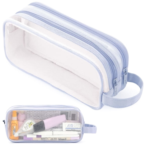 Rirool Mesh Pencil Case Large Capacity, Clear 2 Compartment Pencil Pouch with Zipper, Big Pen Organizer for School Supplies, Travel Makeup Bag for Girls Teens Adults Blue